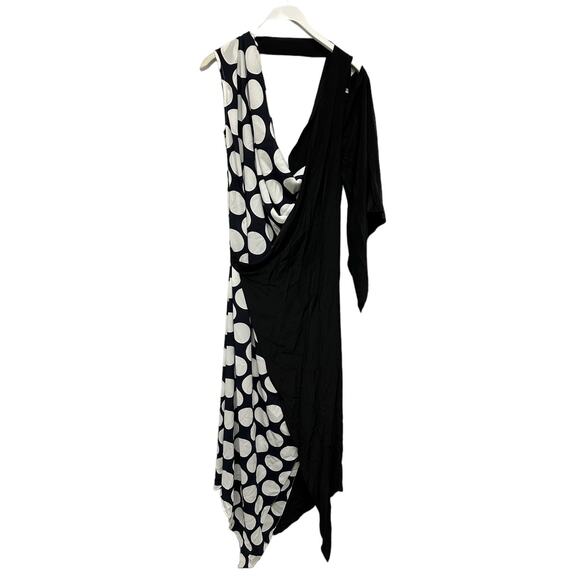 Awake A.W.A.K.E. V-Neck Draped One-Sleeve Asymmetric Polka-Dot Dress